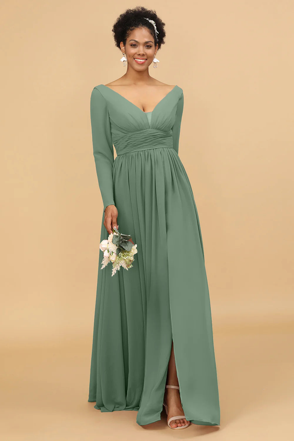 A Line V Neck Long Sleeves Chiffon Bridesmaid Dress with Slit