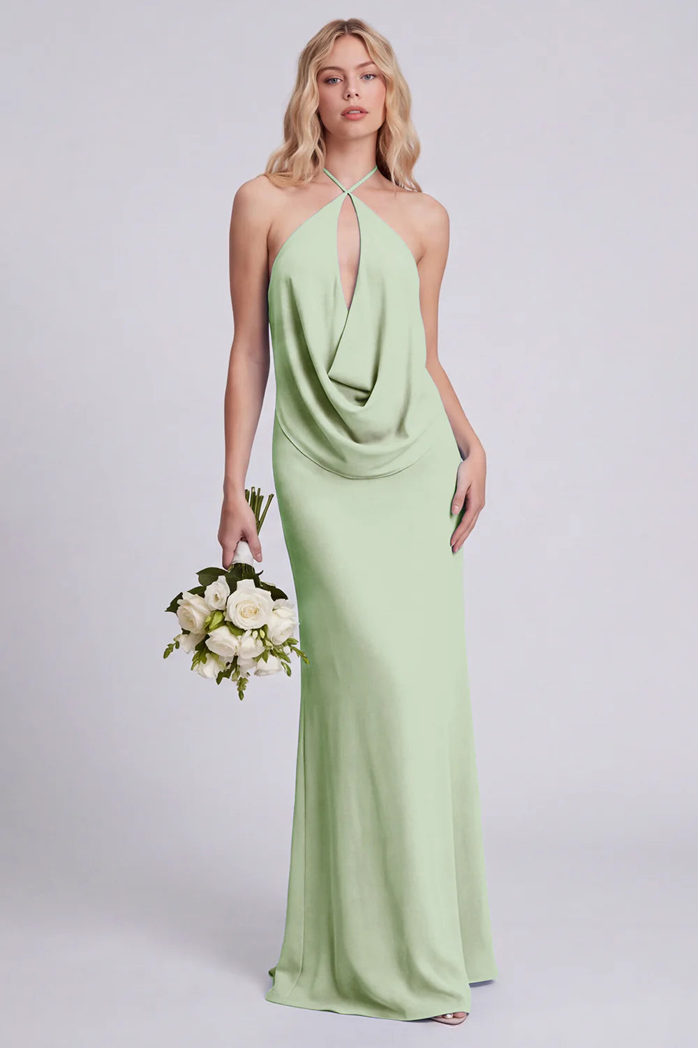 Light Blue Halter Backless Mermaid Bridesmaid Dress
