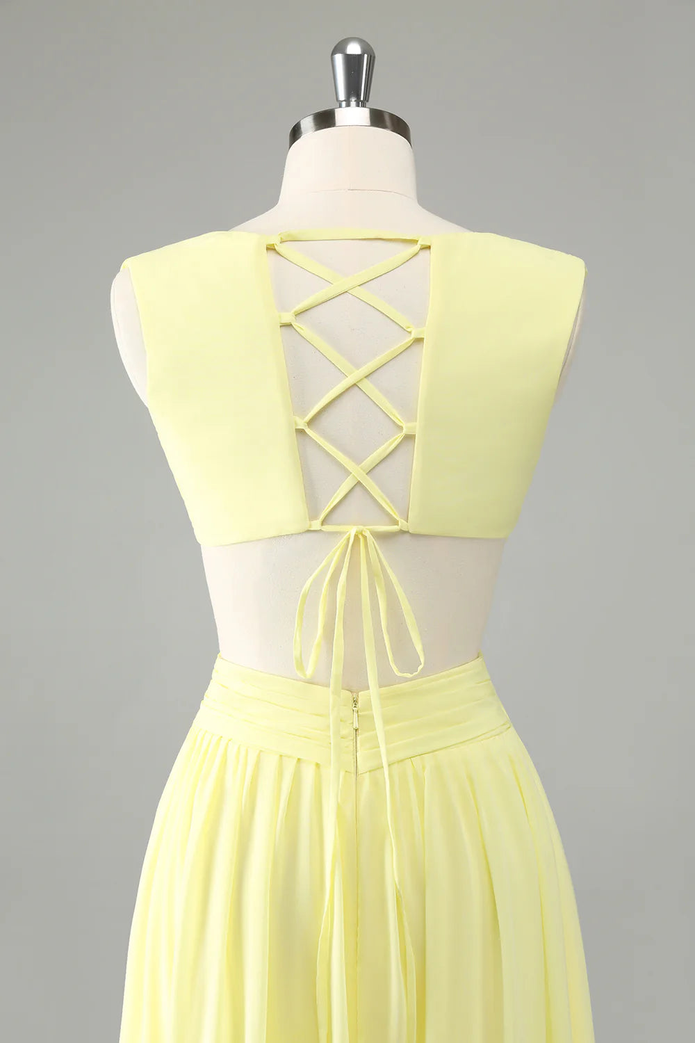 Lemon Yellow A Line V Neck Ruffle Pleated Bridesmaid Dress with Lace Up Back