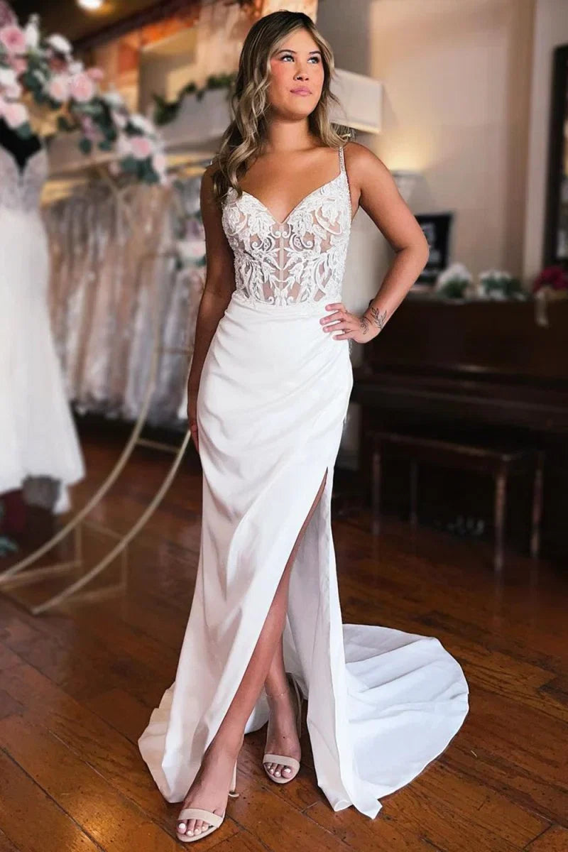 Sheath White Lace Up Back Wedding Dress with Slit