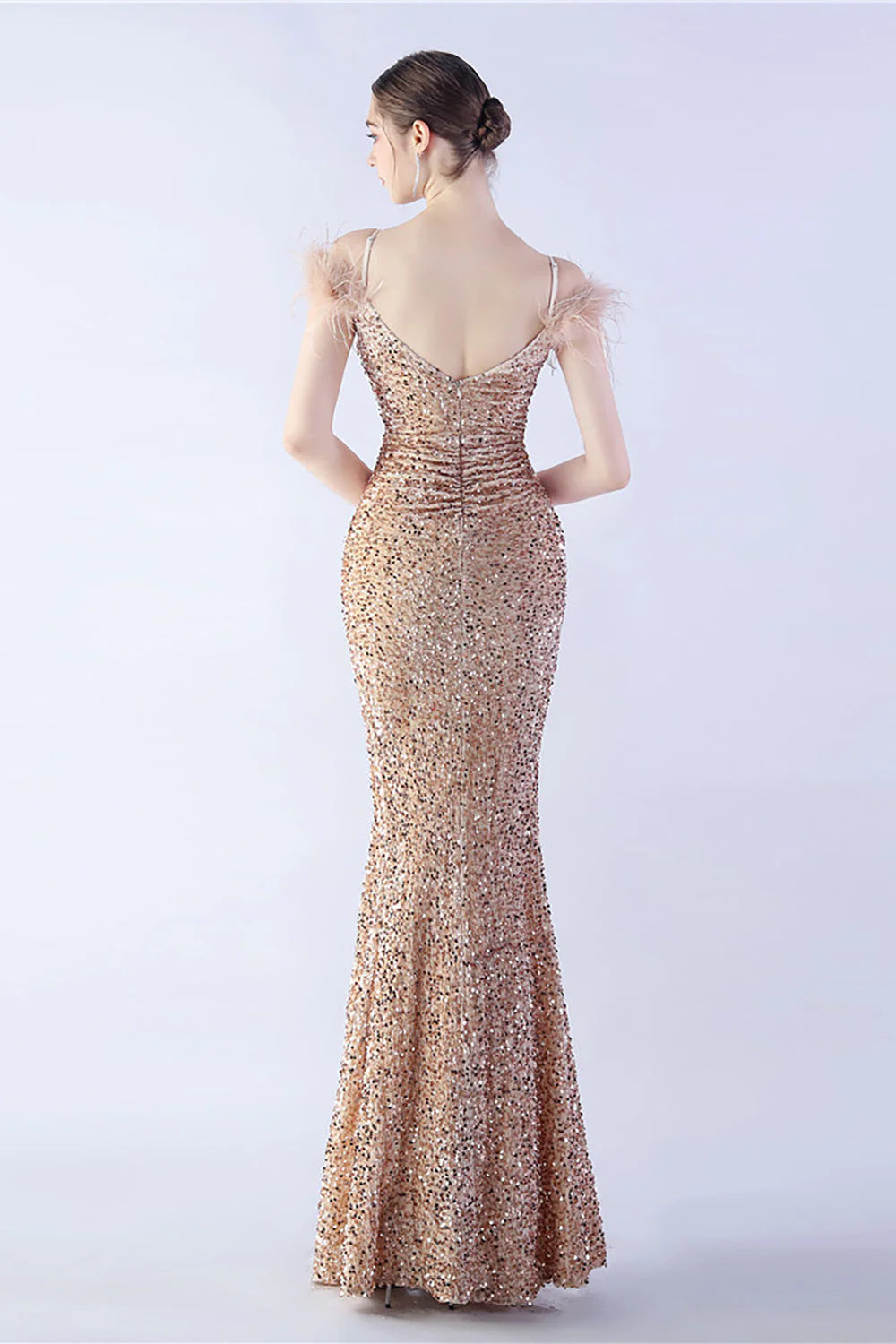 Mermaid Spaghetti Straps Sequin Formal Dress With Feathers