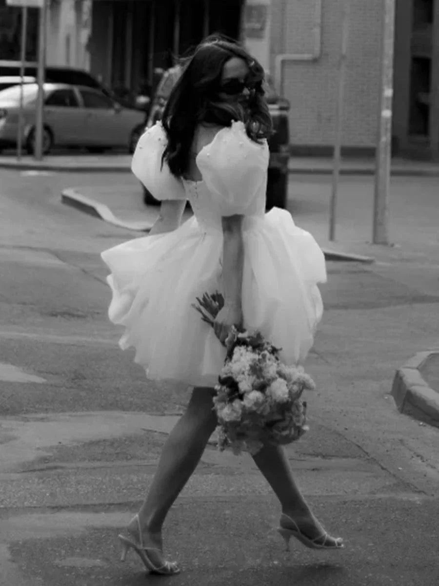A Line Square Neck Short Wedding Dress With Puffy Pearls Sleeves