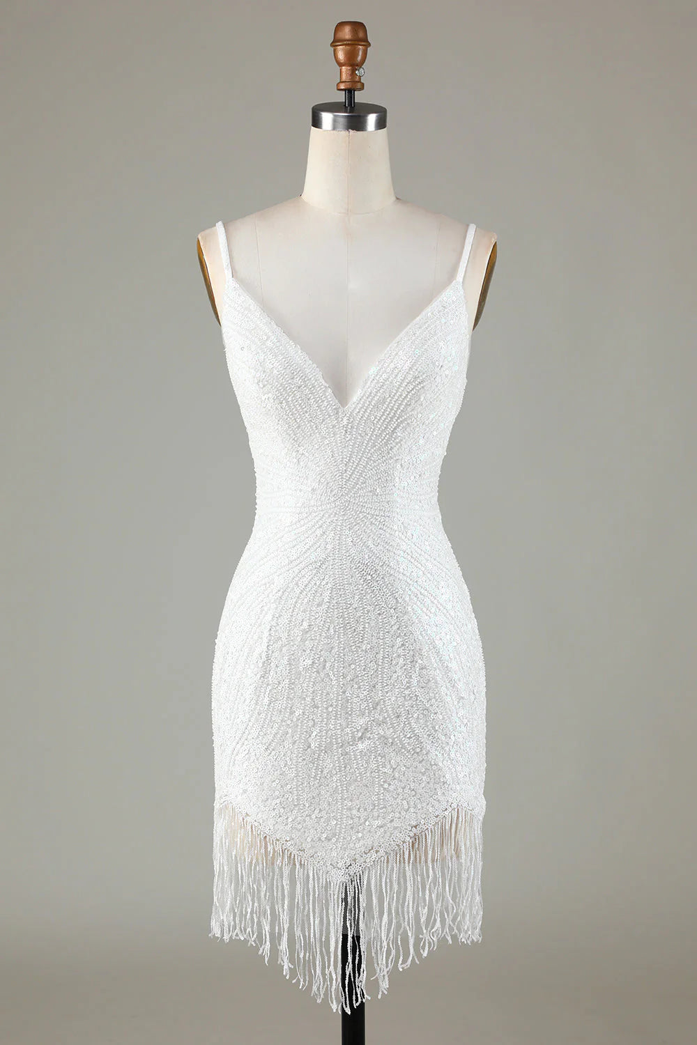 Sparkly White Bodycon Lace Up Back Beaded Short Homecoming Dress with Tassel