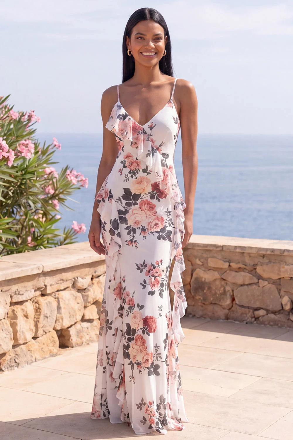 Mermaid Floral Ivory Ruffle Spaghetti Straps Wedding Guest Dress