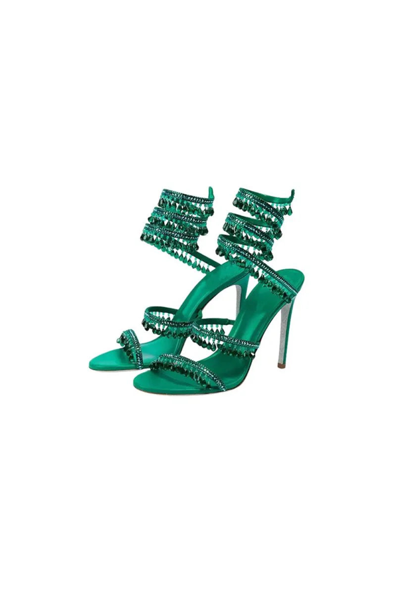 Open Toe Ankle Wrap Beaded Crystal Stiletto Heels