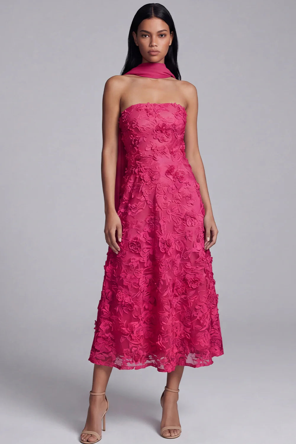 Strapless Blue Appliqued A Line Midi Wedding Guest Dress