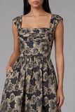 Black Printed A Line Midi Wedding Guest Dress