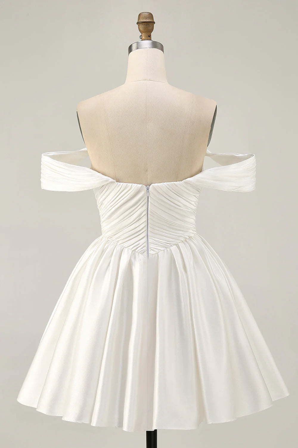 White Satin A Line Off The Shoulder Ruched Short Homecoming Dress