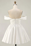 White Satin A Line Off The Shoulder Ruched Short Homecoming Dress