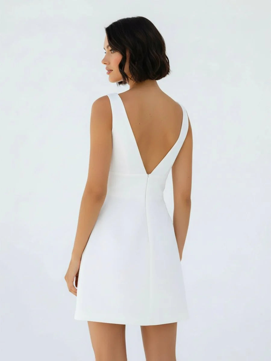 A Line V Neck Sleeveless Short Mini Satin Wedding Dresses