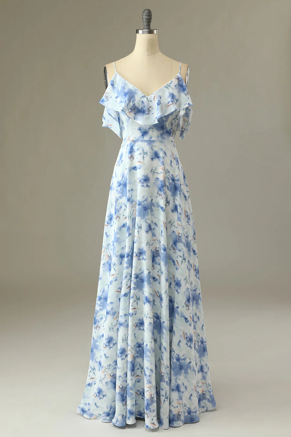Blue A Line Off the Shoulder Floral Print Long Bridesmaid Dress
