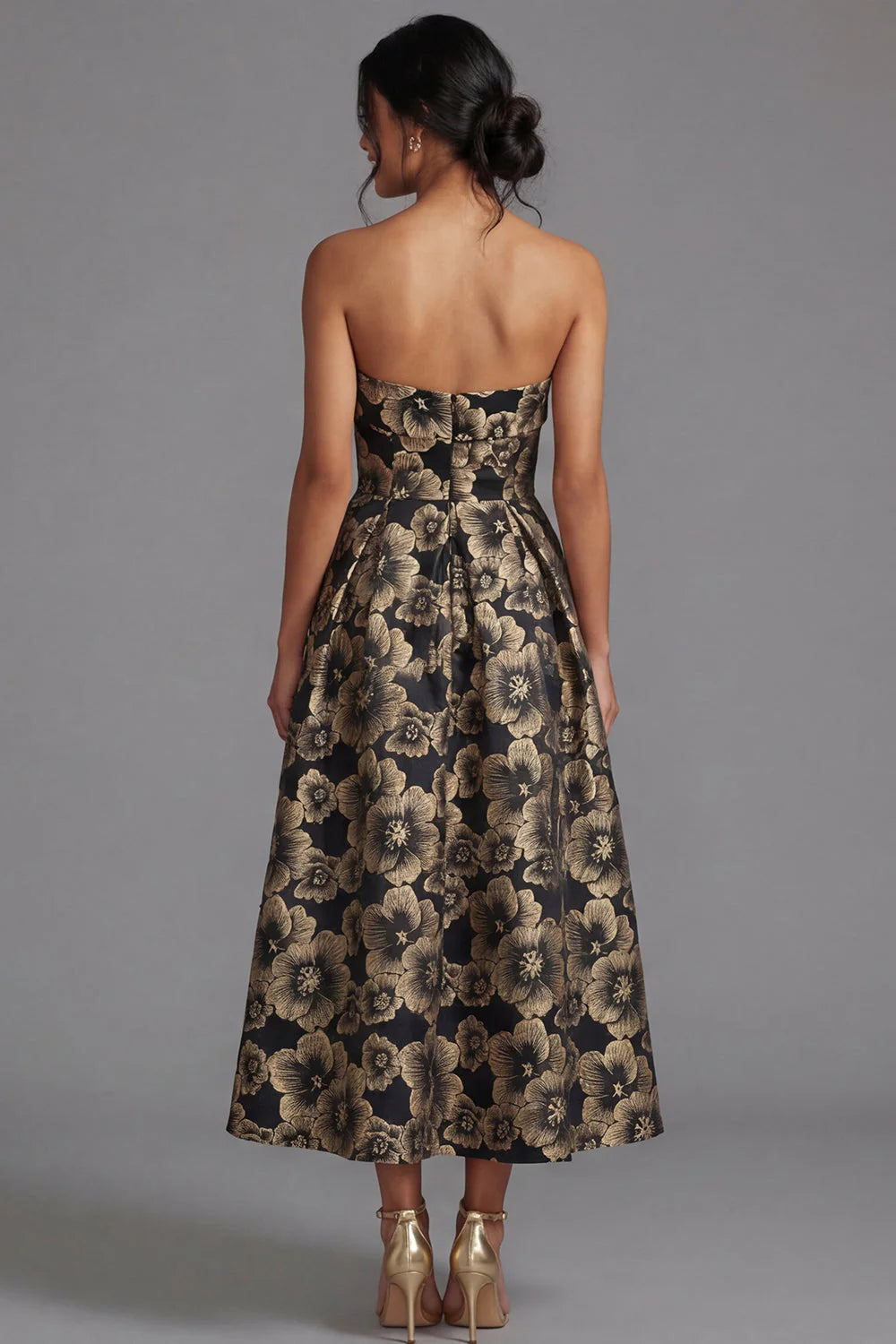 Strapless Gold Floral Jacquard A Line Midi Wedding Guest Dress
