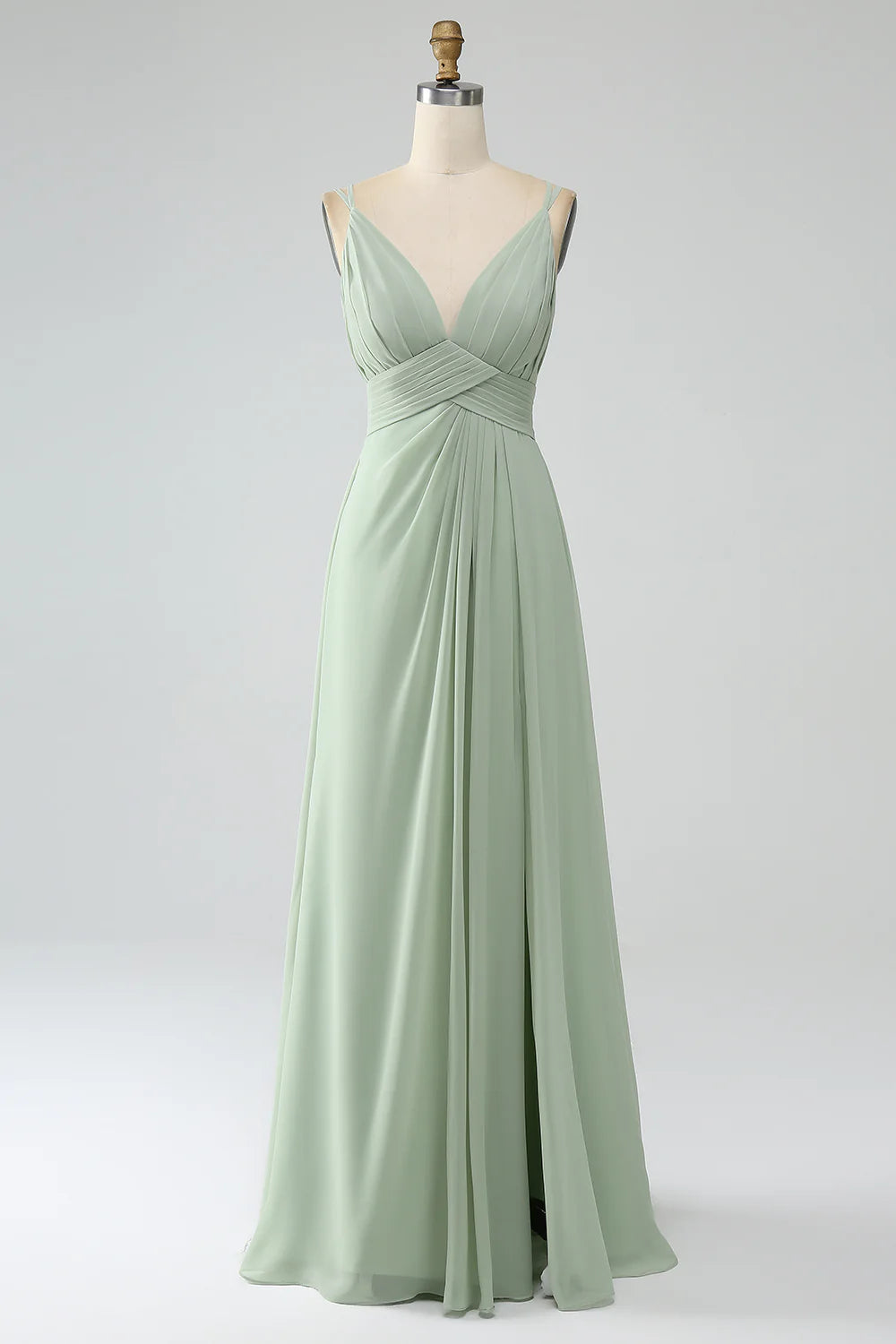 Dusty Sage A Line Spaghetti Straps Pleated Chiffon Bridesmaid Dress