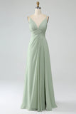 Dusty Sage A Line Spaghetti Straps Pleated Chiffon Bridesmaid Dress