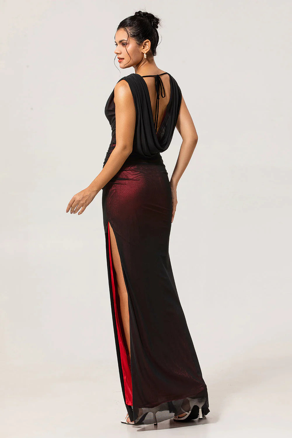 Black Mesh Sheath Cowl Neck Open Back Maxi Dress with Red Lining