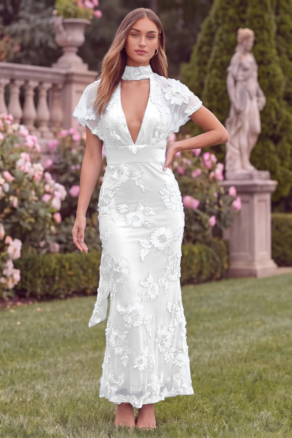 Lilac V Neck Mermaid Floral Wedding Guest Dress with Scarf