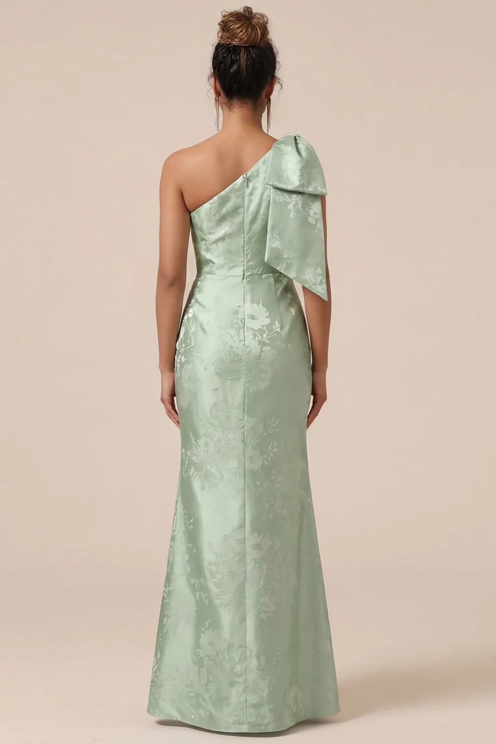 Blush Pink Mermaid One Shoulder Floral Long Bridesmaid Dress with Bow