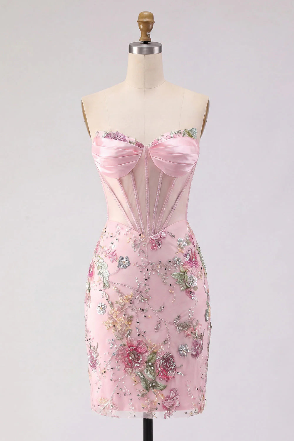 Floral Pink Sequin Corset Bodycon Strapless Homecoming Dress