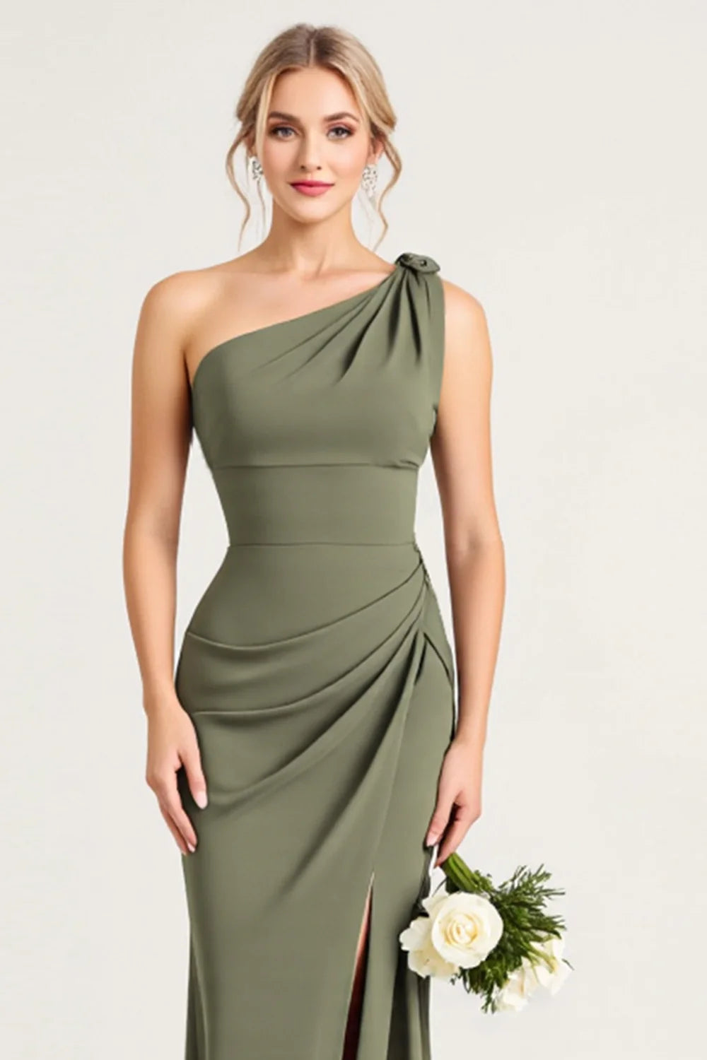 Olive One Shoulder Ruched Sheath Bridesmaid Dress with Slit