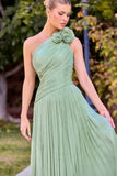 Minna Gown Rosette One Shoulder A line Shimmer Chiffon Dress