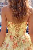 Yellow A Line Strapless Floral Homecoming Dress with Lace up Back