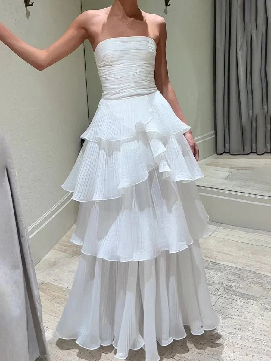 Cute A Line Chiffon Strapless Tiered Wedding Dresses