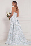 Blue White Flower Strapless Mermaid Bridesmaid Dress with Slit