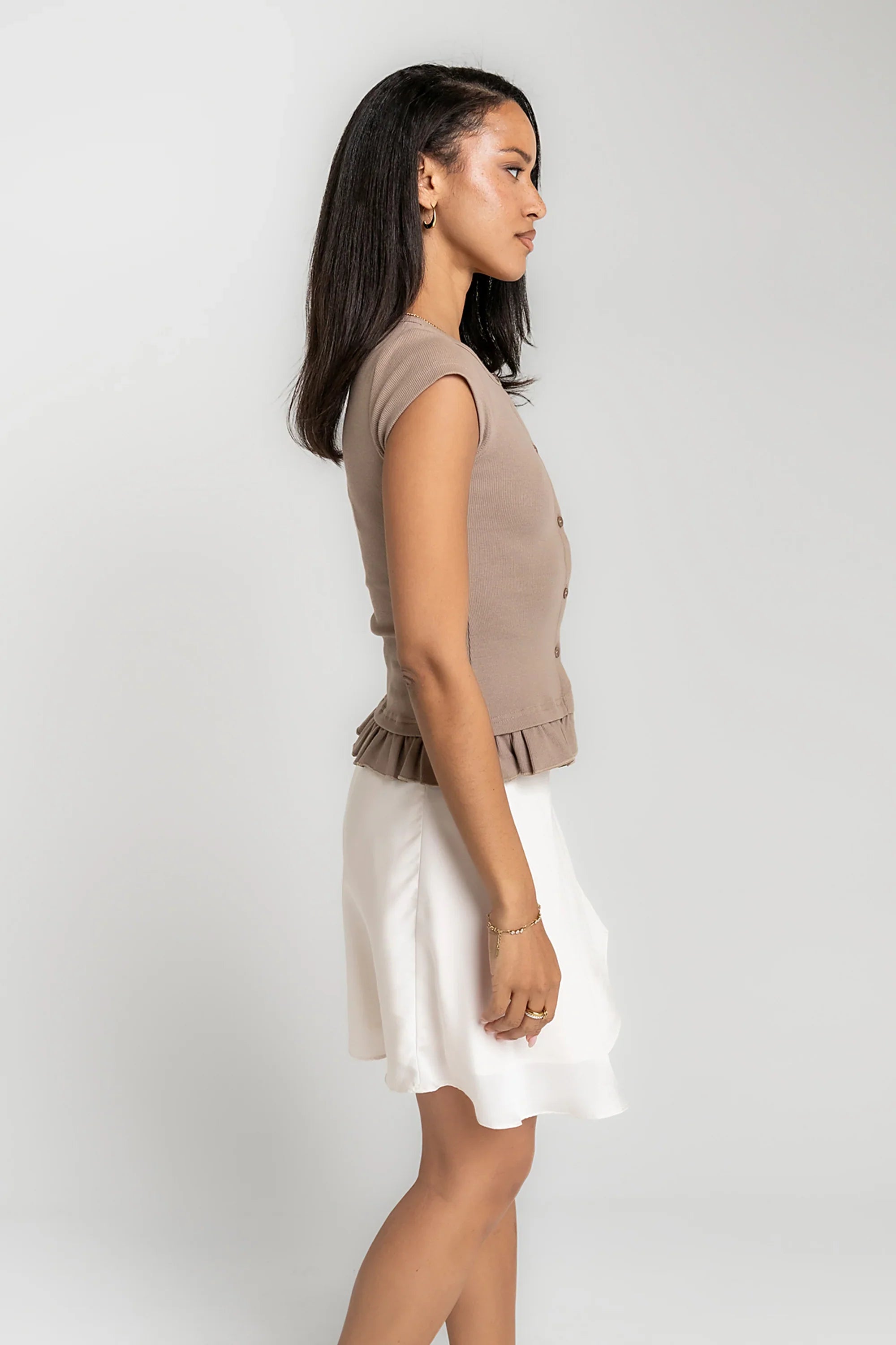 Misha Ruffle Top in Taupe