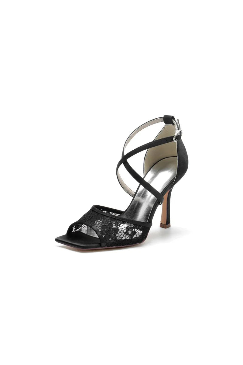 Lace Square Open Toe Cross Strap Chunky Heels