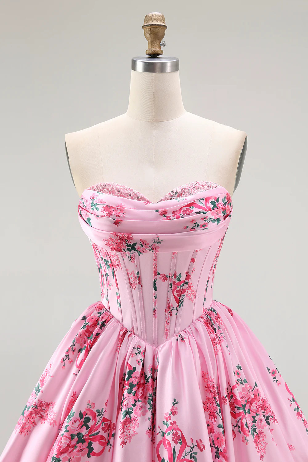Pink Flower A Line Strapless Printed Homecoming Dress with Beading