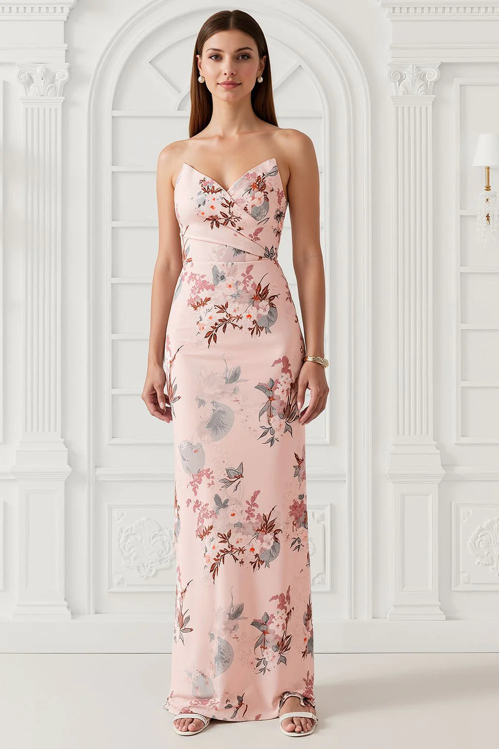 Blush Flower Sheath Strapless Print Satin Long Wedding Guest Dress with Back Slit