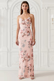 Blush Flower Sheath Strapless Print Satin Long Wedding Guest Dress with Back Slit