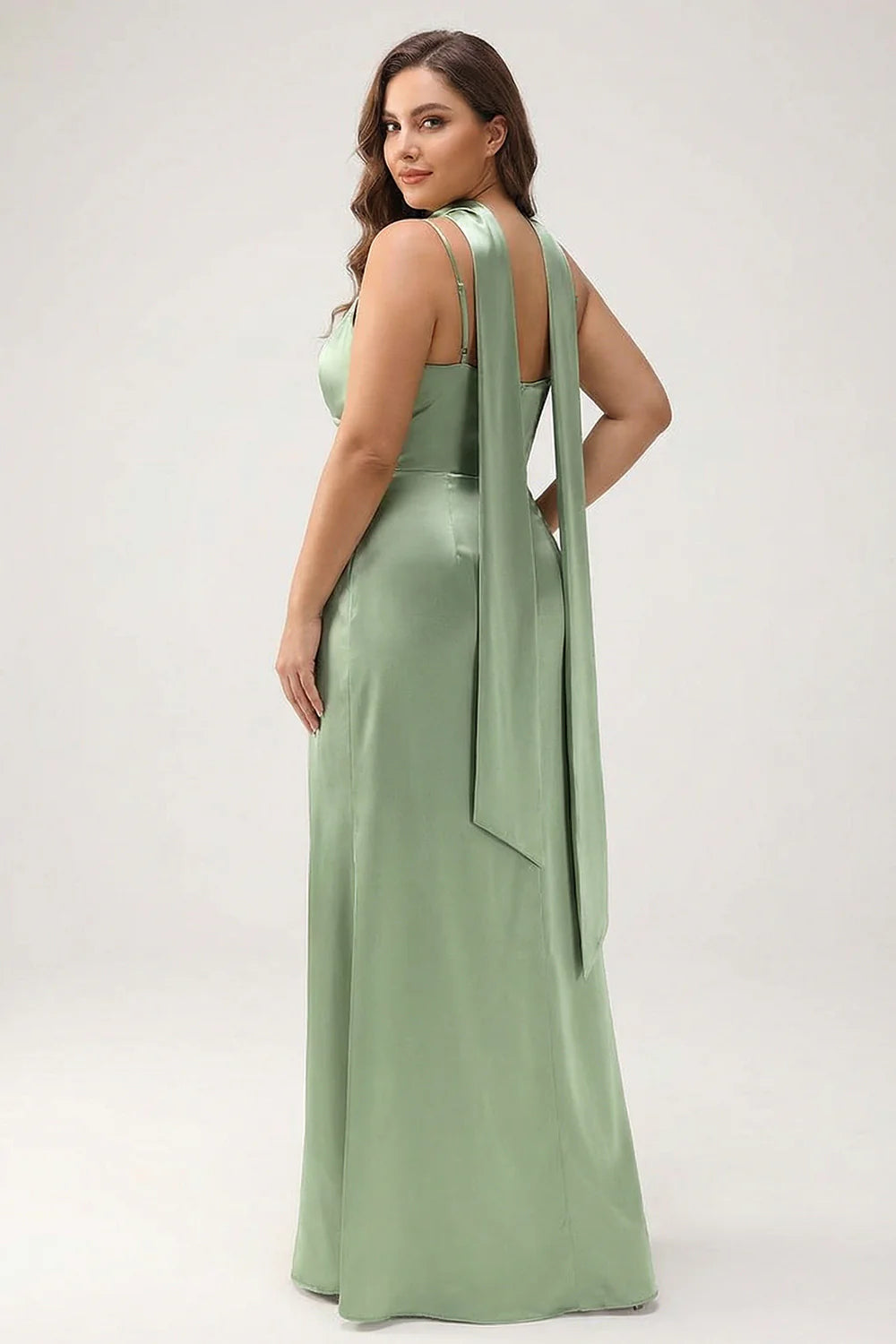 Sage Sheath Spaghetti Straps Streamer Long Satin Plus Size Bridesmaid Dress with Slit