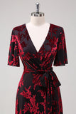 Burgundy Burnout Velvet A Line V Neck Maxi Dress with Short Sleeves
