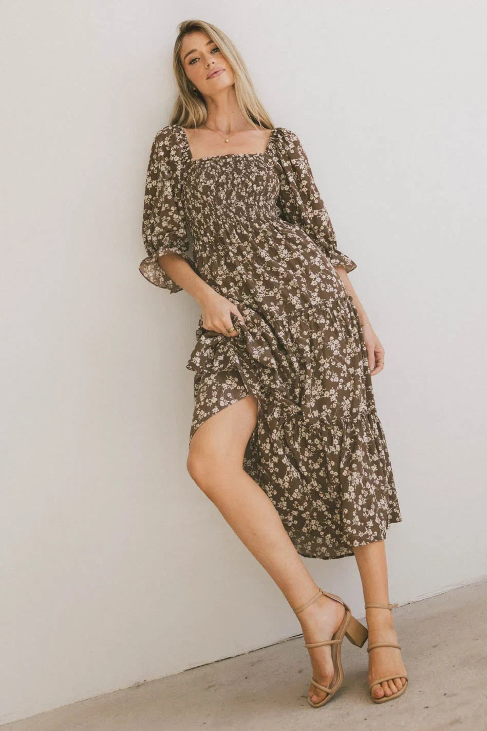 Kiran Floral Midi Dress in Brown FINAL SALE