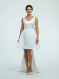 A Line Satin V Neck Short Wedding Dress with Large Bow