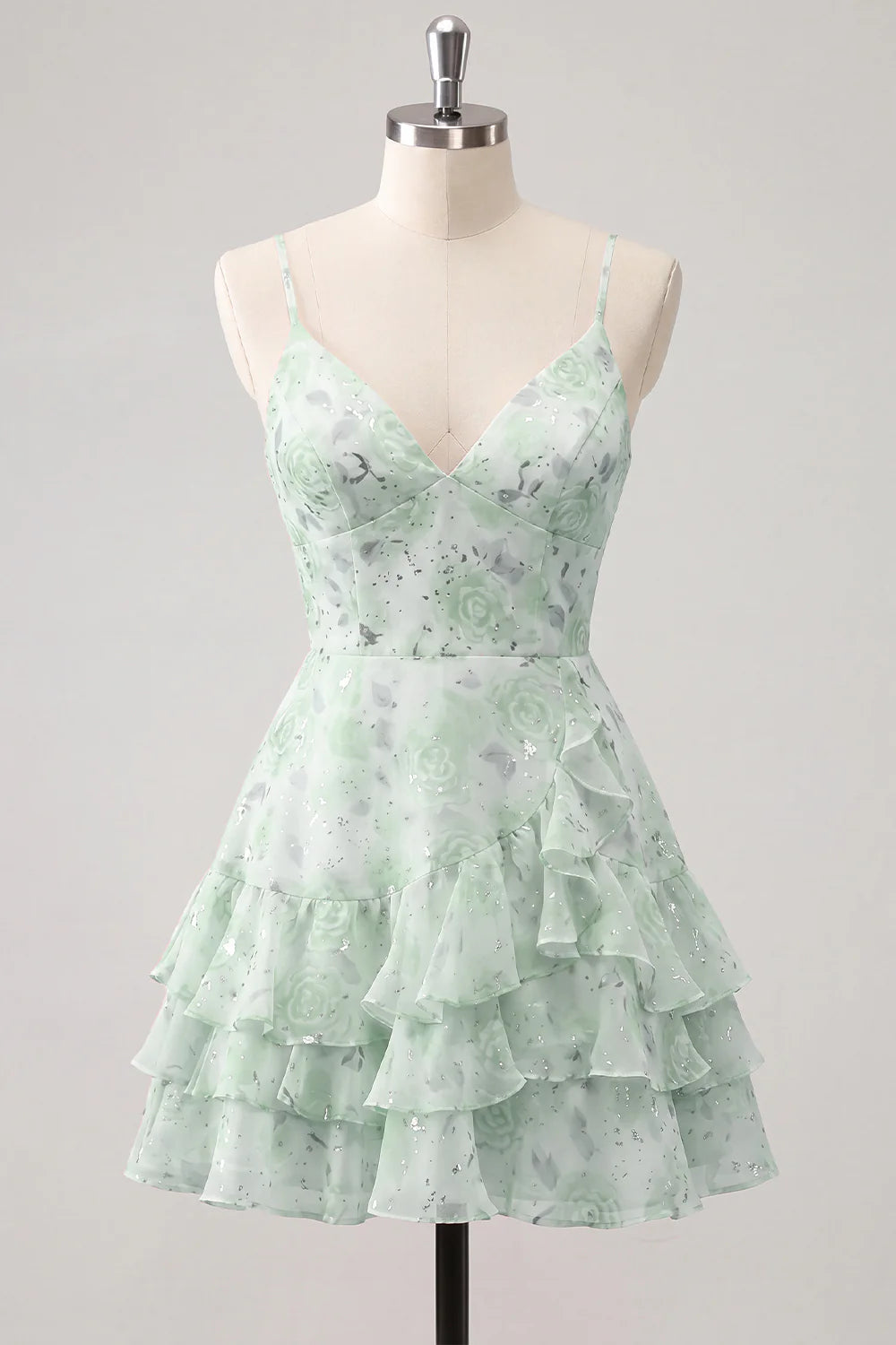 Floral Light Green Tiered Ruffle A Line Short Homecoming Dress