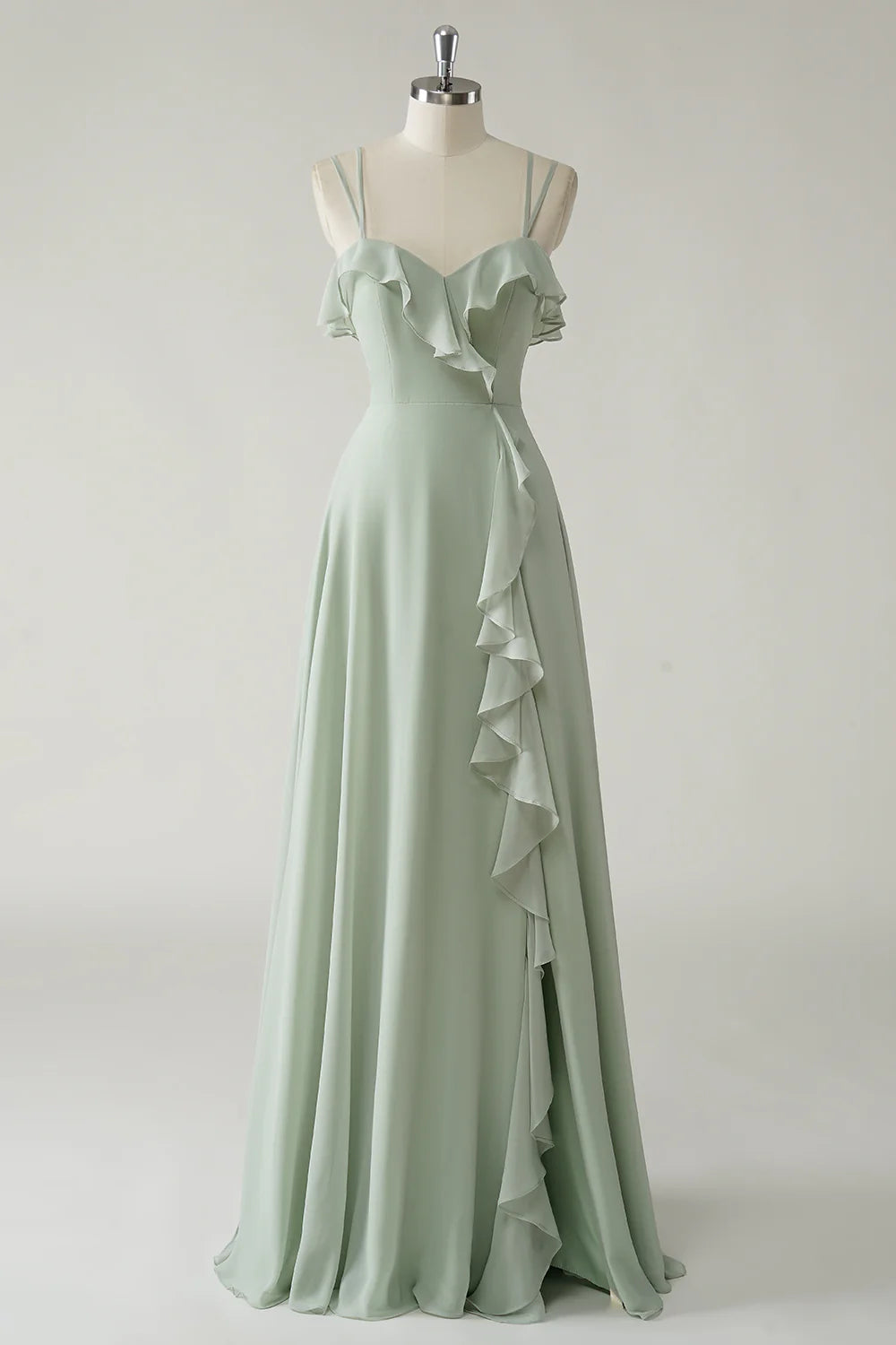 Dusty Sage A Line Spaghetti Straps Chiffon Long Bridesmaid Dress with Ruffle Slit