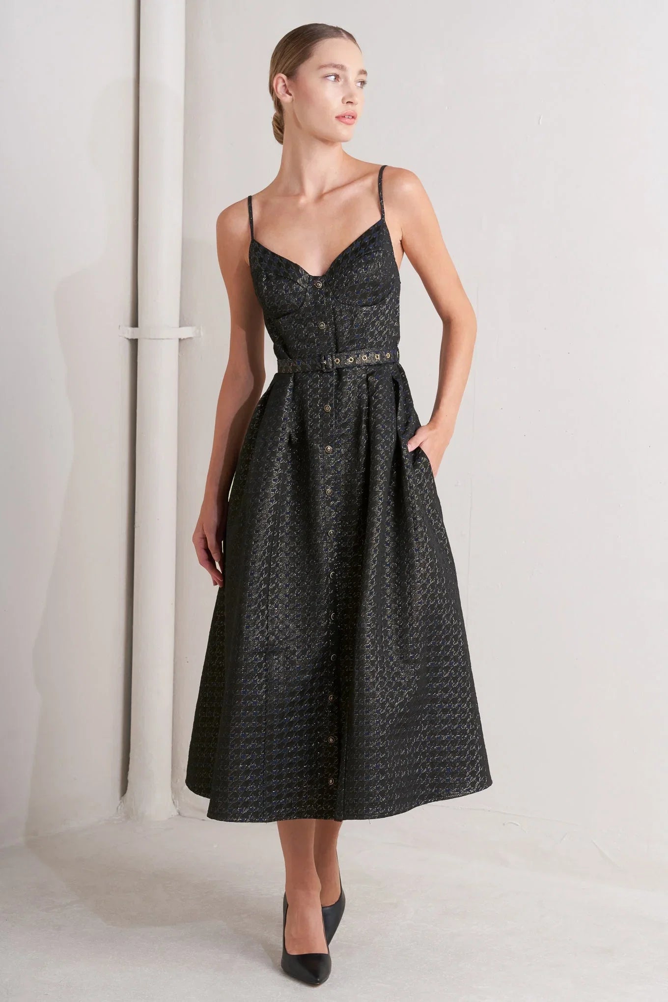 NOIR TAPESTRY NAVY GOLD MIDI DRESS