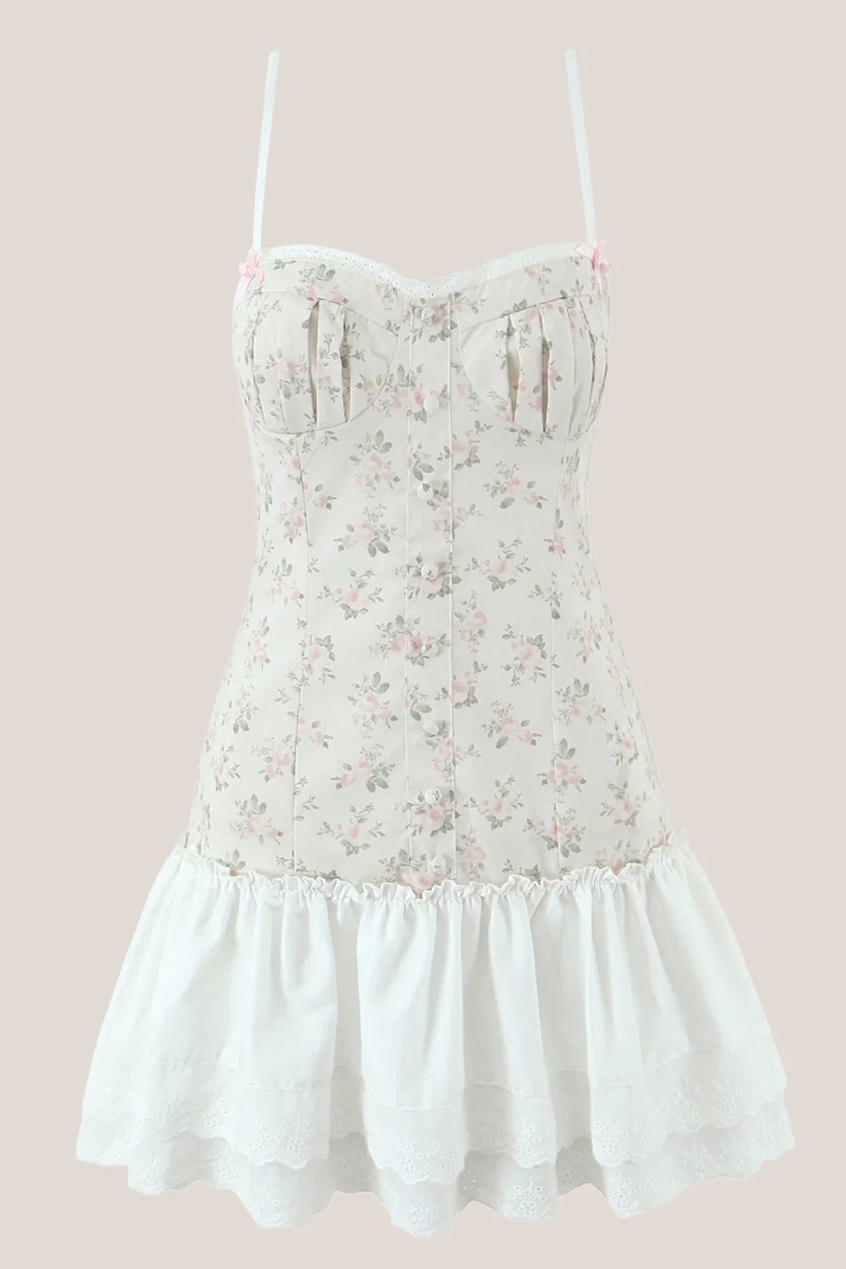White Warm Rose Print Cotton Ruffled Mini Dress