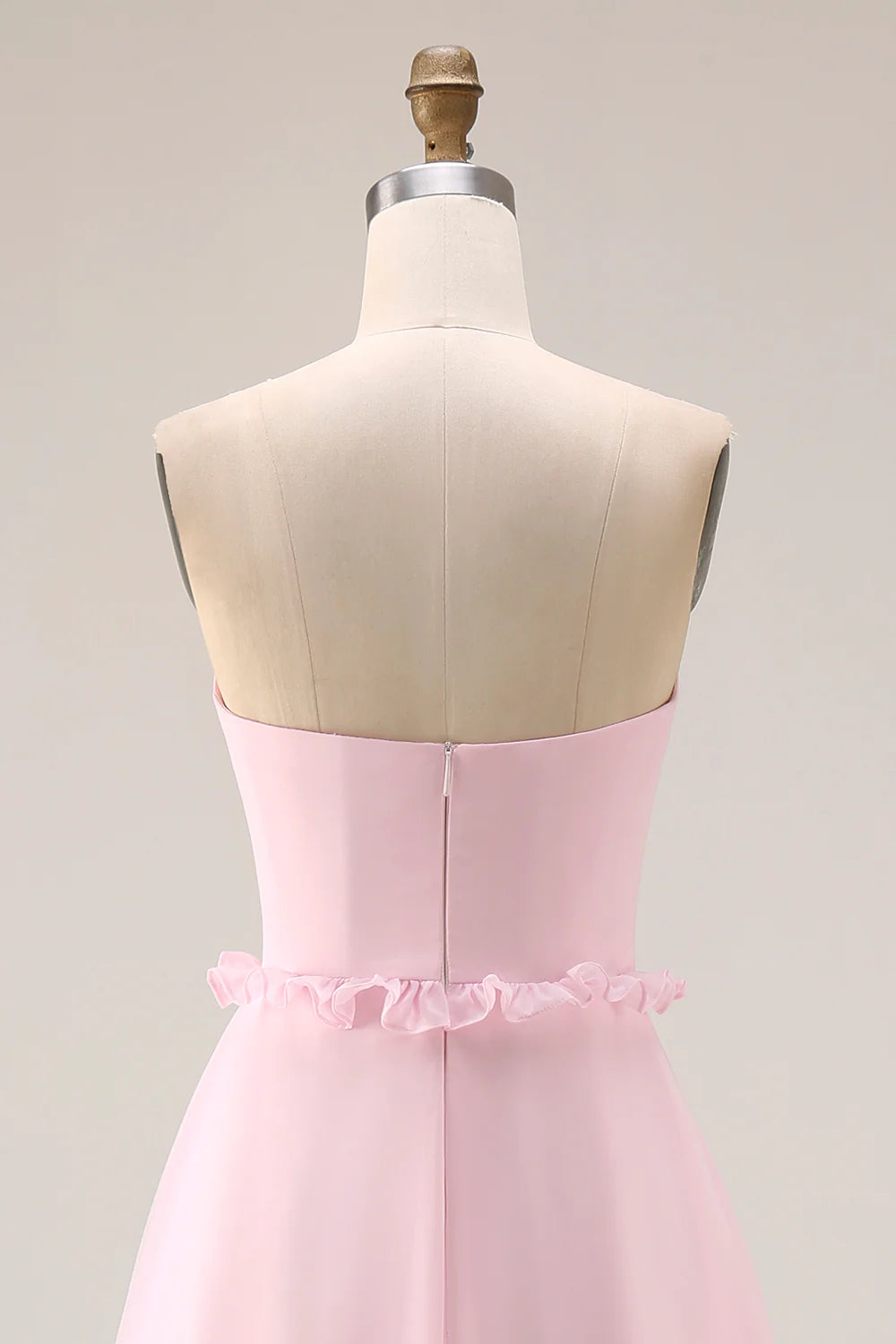 Blushing Pink A Line Strapless Chiffon Long Bridesmaid Dress with Slit