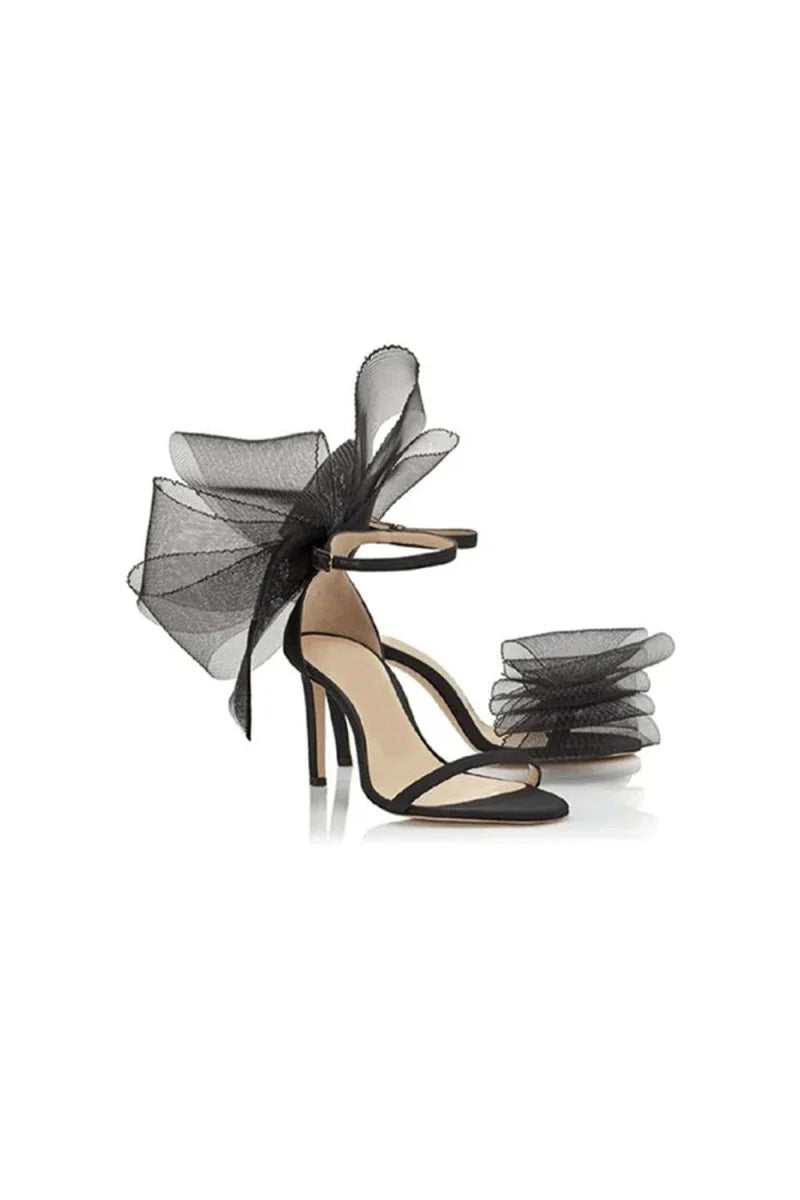 Asymmetric Bow Embellished Satin High Heel Sandals