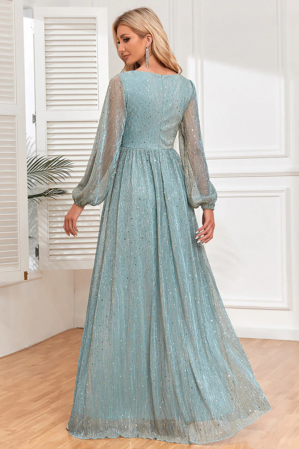 Chic Blue A Line Sequins Formal Dress with Long Sleeves