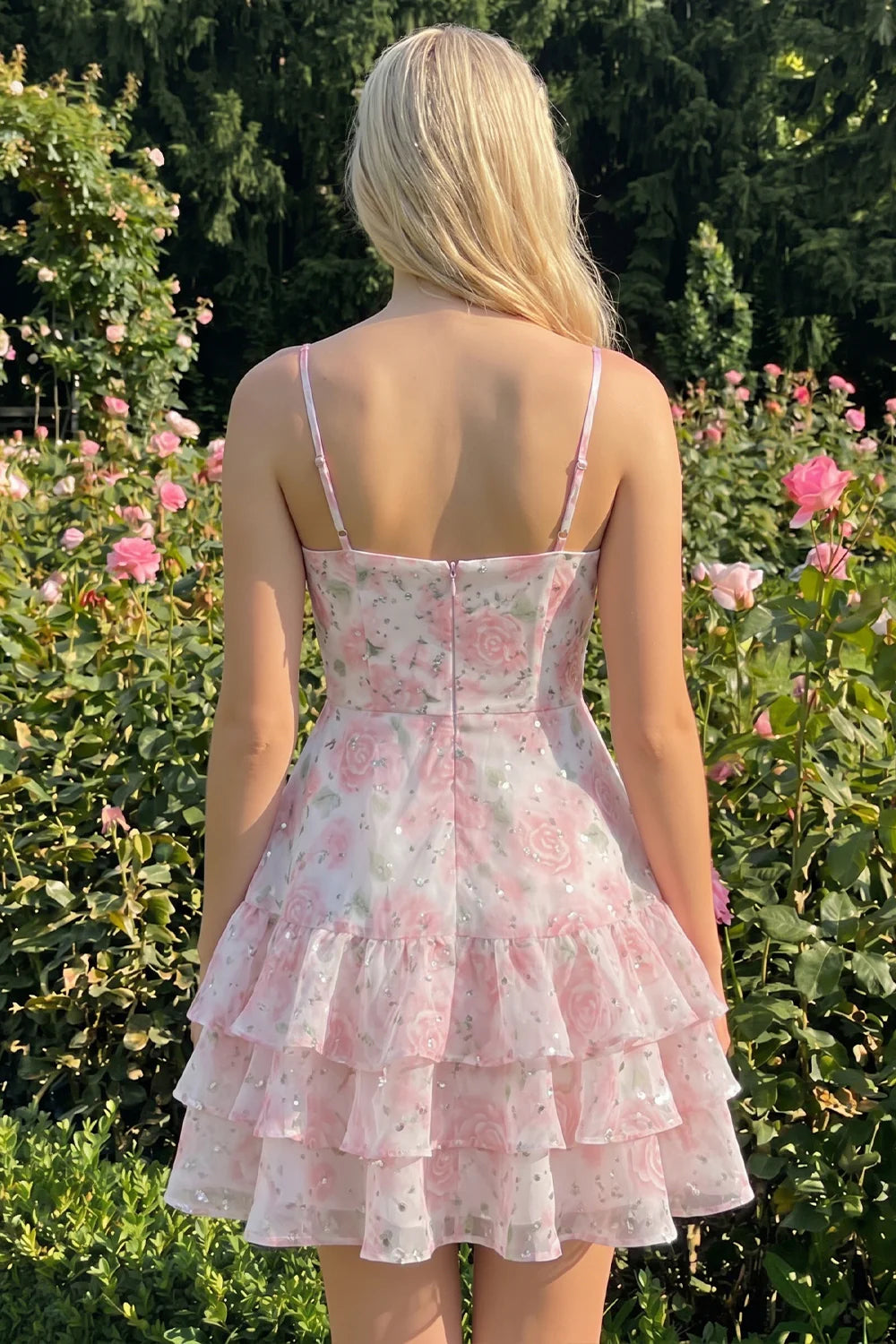 Floral Light Green Tiered Ruffle A Line Short Homecoming Dress