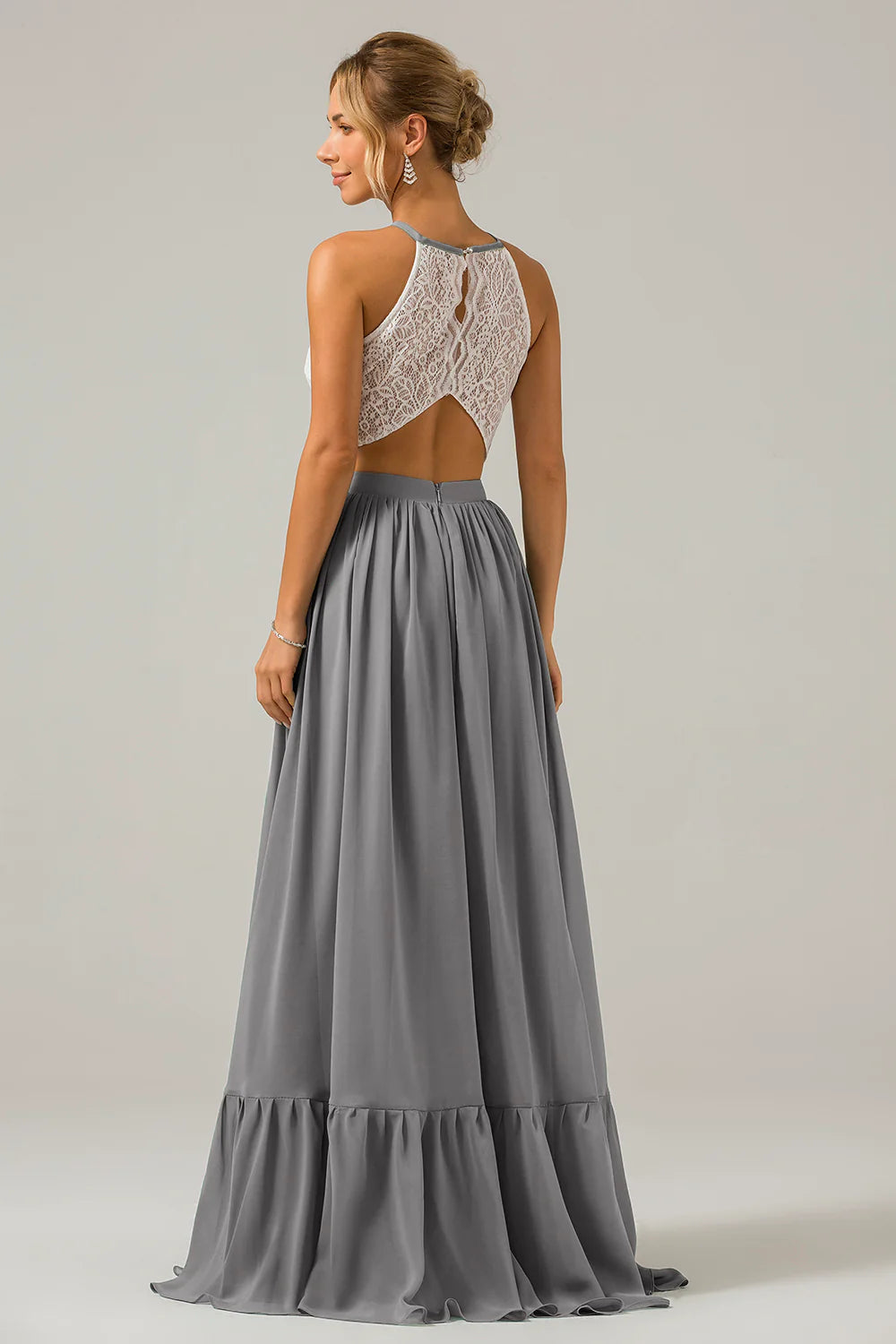A Line Halter Pleated Keyhole Chiffon Bridesmaid Dress With Lace