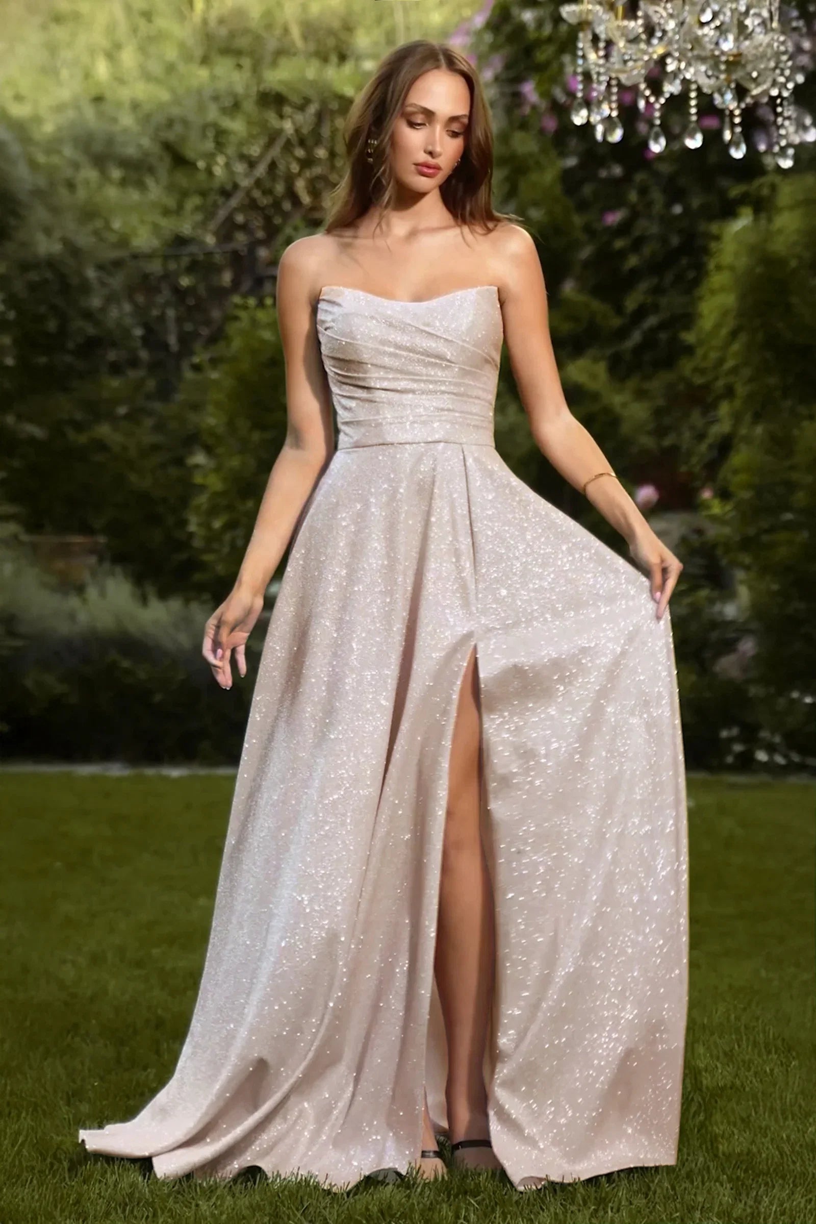 Quinn Gown Long Strapless Glitter A line Dress