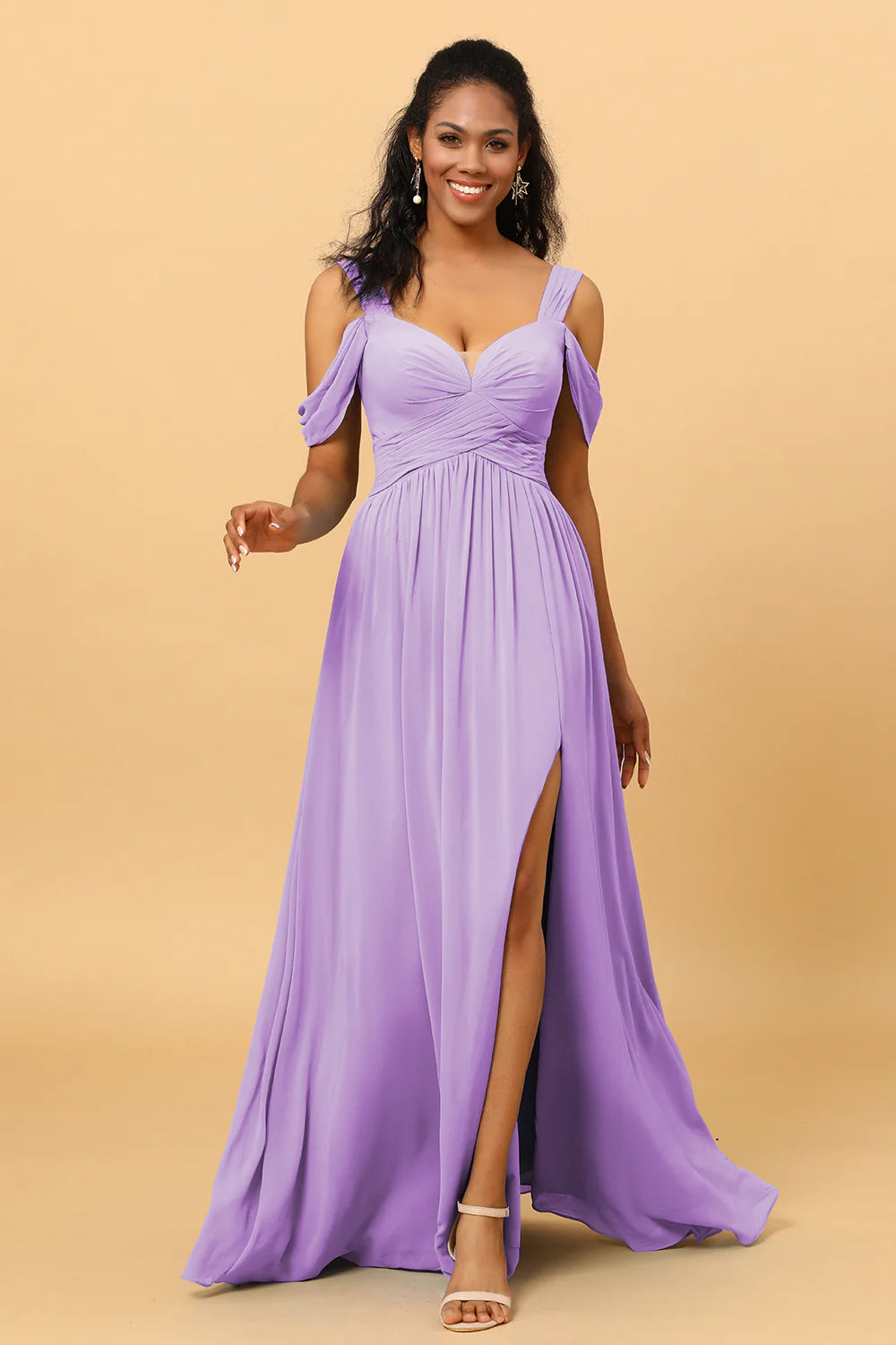 A Line V Neck Cold Shoulder Chiffon Bridesmaid Dress with Slit