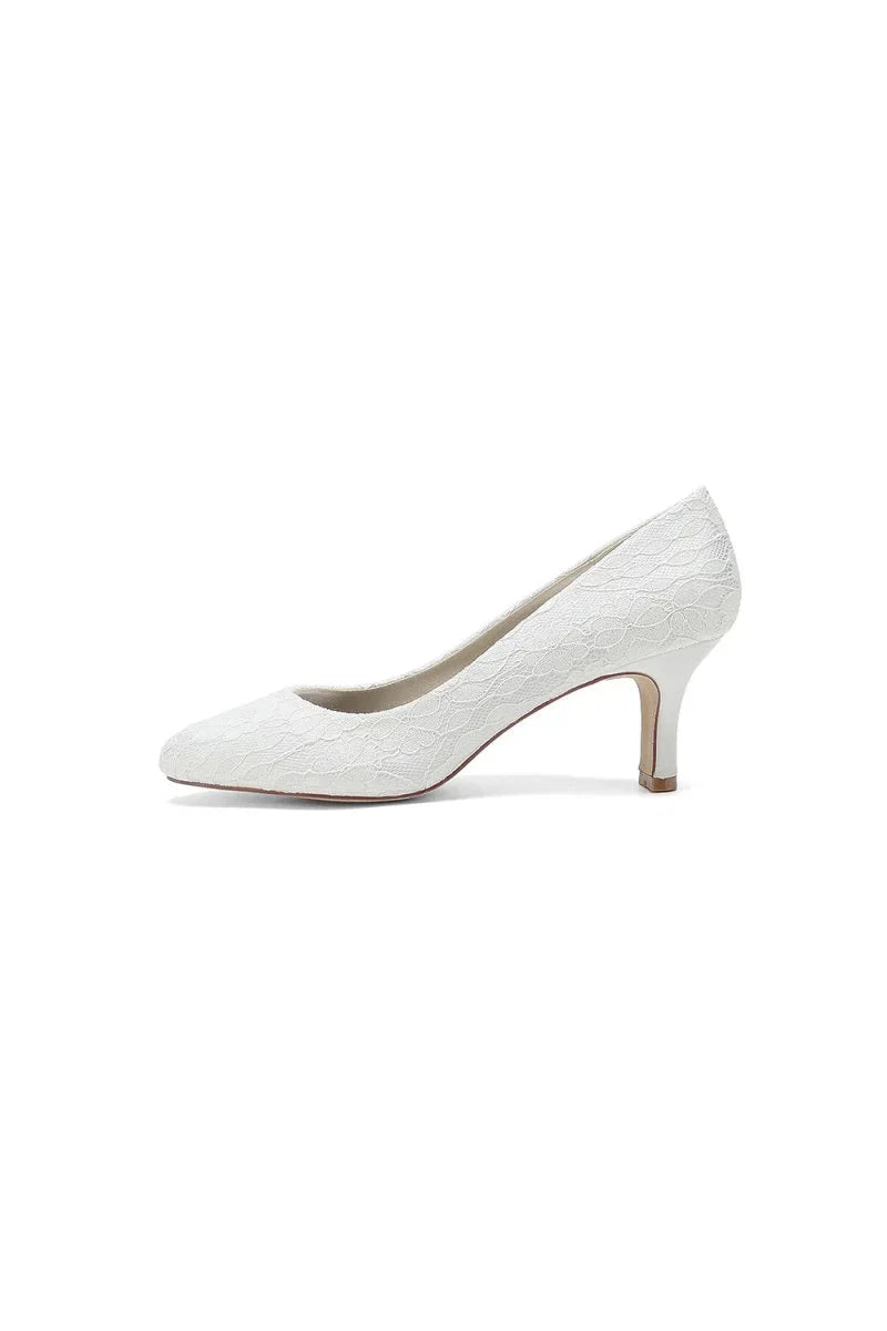 Elegant White Lace High Heels with Wooden Heel