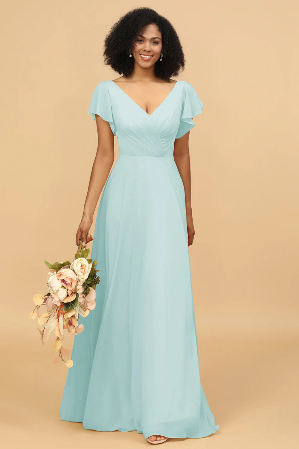 V Neck Cape Long Floor Length Chiffon Bridesmaid Dress