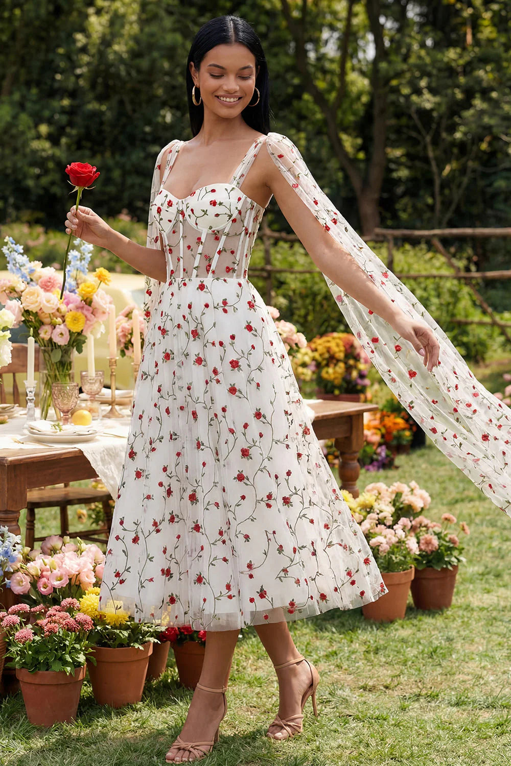 Ivory Floral Corset A Line Midi Wedding Guest Dress with Streamer